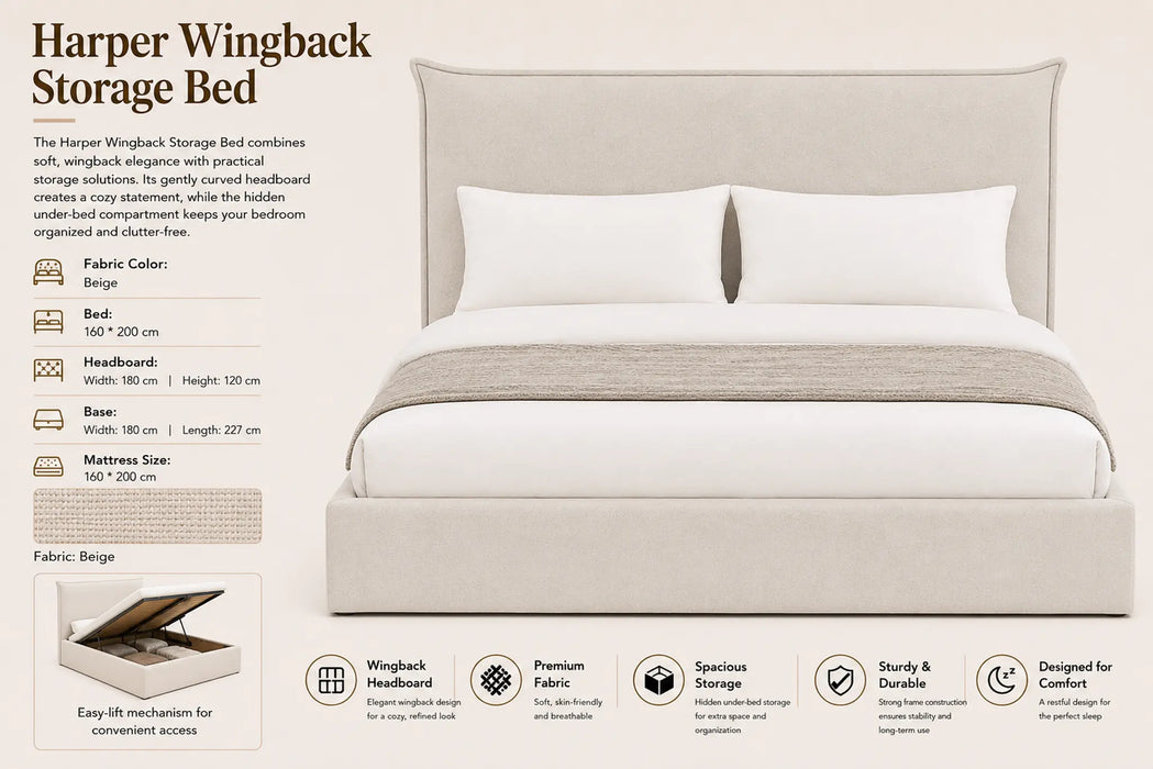 Harper Wingback Queen Size  Storage Bed Kiana
