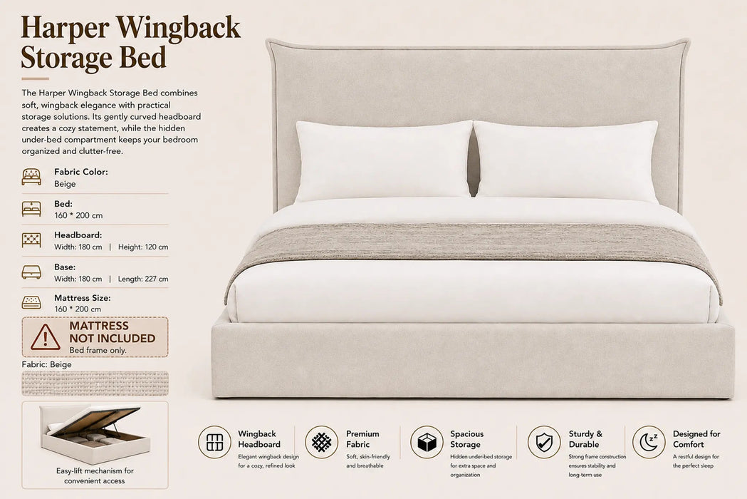 Harper Wingback Queen Size  Storage Bed Kiana