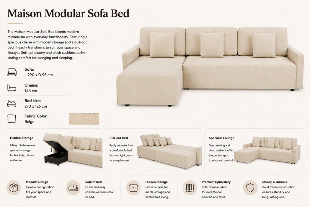 Maison L Shape Sofa Bed Beige Kiana