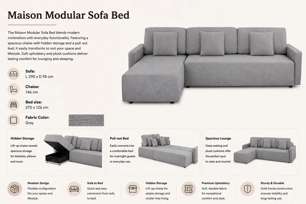 Maison L Shape Sofa Bed Grey Kiana
