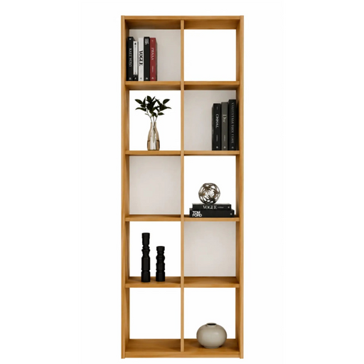 Wooden bookshelf with decorative items on a white background