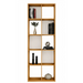 Wooden bookshelf with decorative items on a white background