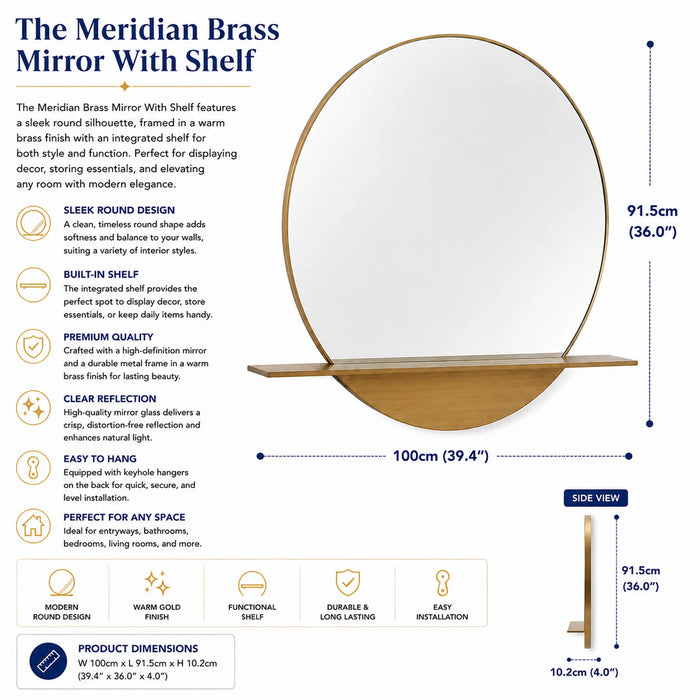 Meridian Brass Framed mirror With shelf Kiana