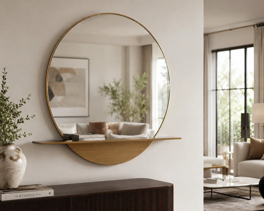 Meridian Brass Framed mirror With shelf Kiana