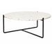 Round coffee table with marble top and black metal frame on a white background