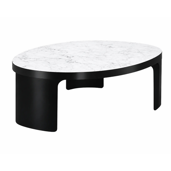 Coffee table with marble top and black base on a white background
