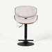 A modern swivel barstool with a light beige upholstered seat and curved backrest, supported by a black metal pedestal base with a circular footrest.