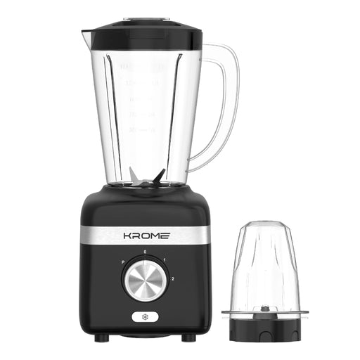 Black blender with clear pitcher and attachment on a white background, featuring the brand 'Krome'.