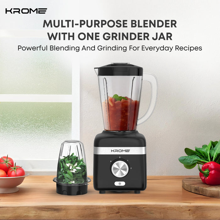 Krome multi-purpose blender with one grinder jar on a wooden surface with ingredients.
