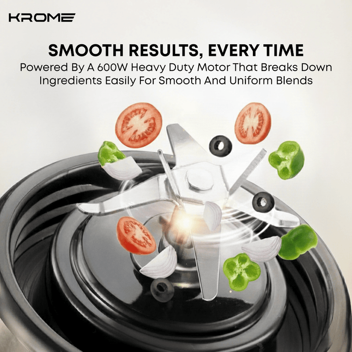 Blender with ingredients and text about Krome blender's power and performance