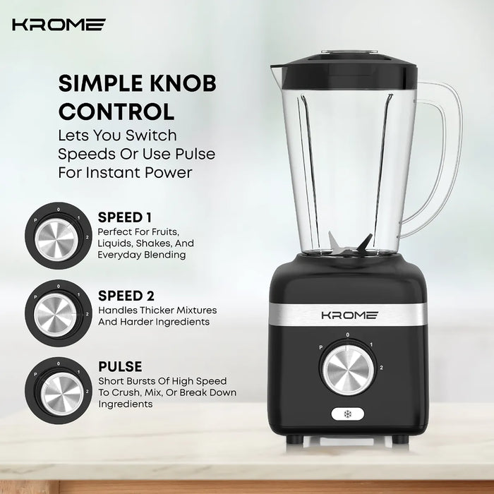 Black blender with control knobs on a white background, featuring Krome branding.