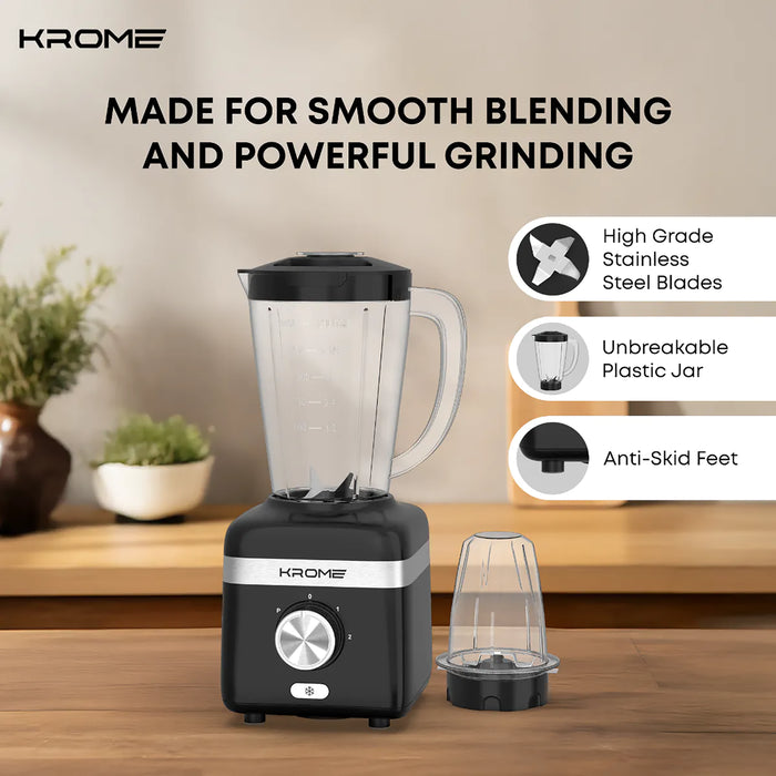 Black Krome blender with features highlighted on a wooden surface.