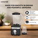 Black Krome blender with features highlighted on a wooden surface.
