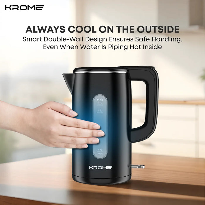 Krome 1.7L Cool Touch Electric Kettle | Dual-Layer Design (Stainless Steel Interior, Plastic Exterior) | Boil Dry Protection | KR-KTCT300PD
