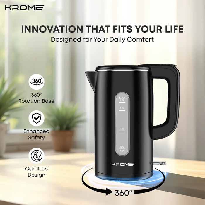 Krome 1.7L Cool Touch Electric Kettle | Dual-Layer Design (Stainless Steel Interior, Plastic Exterior) | Boil Dry Protection | KR-KTCT300PD
