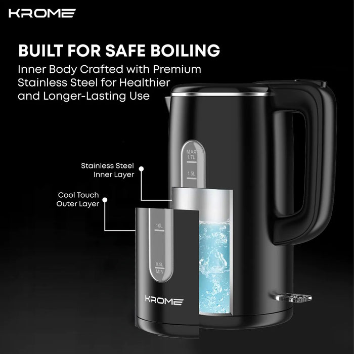 Krome 1.7L Cool Touch Electric Kettle | Dual-Layer Design (Stainless Steel Interior, Plastic Exterior) | Boil Dry Protection | KR-KTCT300PD