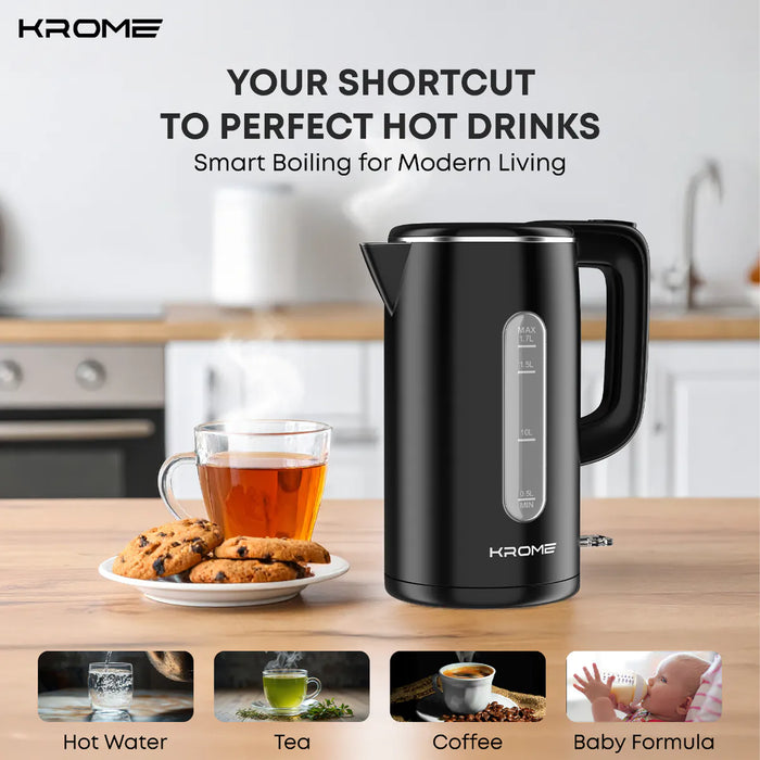 Krome 1.7L Cool Touch Electric Kettle | Dual-Layer Design (Stainless Steel Interior, Plastic Exterior) | Boil Dry Protection | KR-KTCT300PD