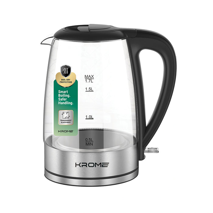 Krome 1.7L Glass Kettle |  360 Rotational Base | Auto Shut-Off | Boil Dry Protection | KR-KTG100D