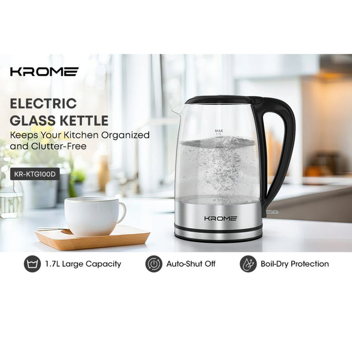 Krome 1.7L Glass Kettle |  360 Rotational Base | Auto Shut-Off | Boil Dry Protection | KR-KTG100D