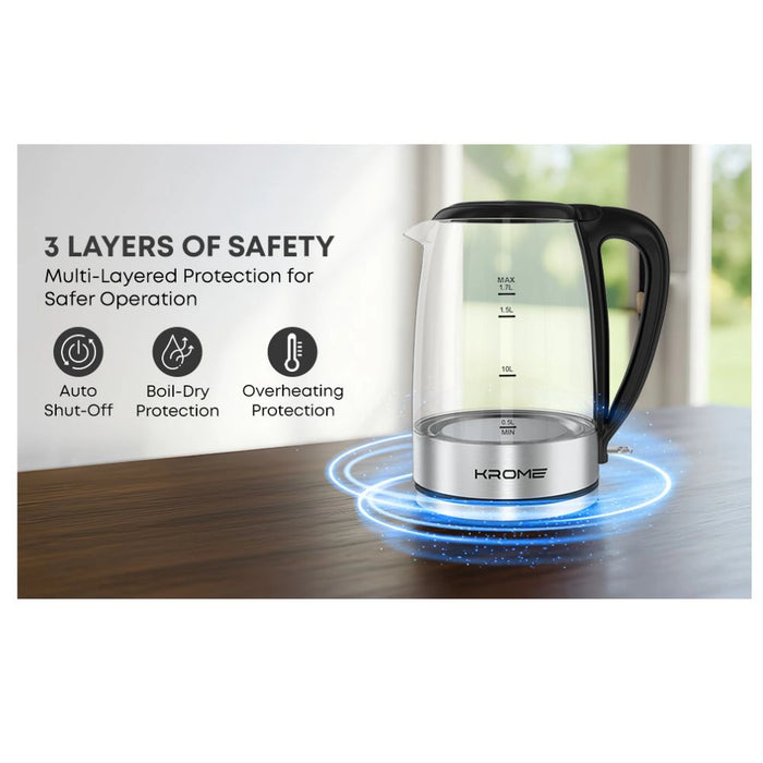 Krome 1.7L Glass Kettle |  360 Rotational Base | Auto Shut-Off | Boil Dry Protection | KR-KTG100D