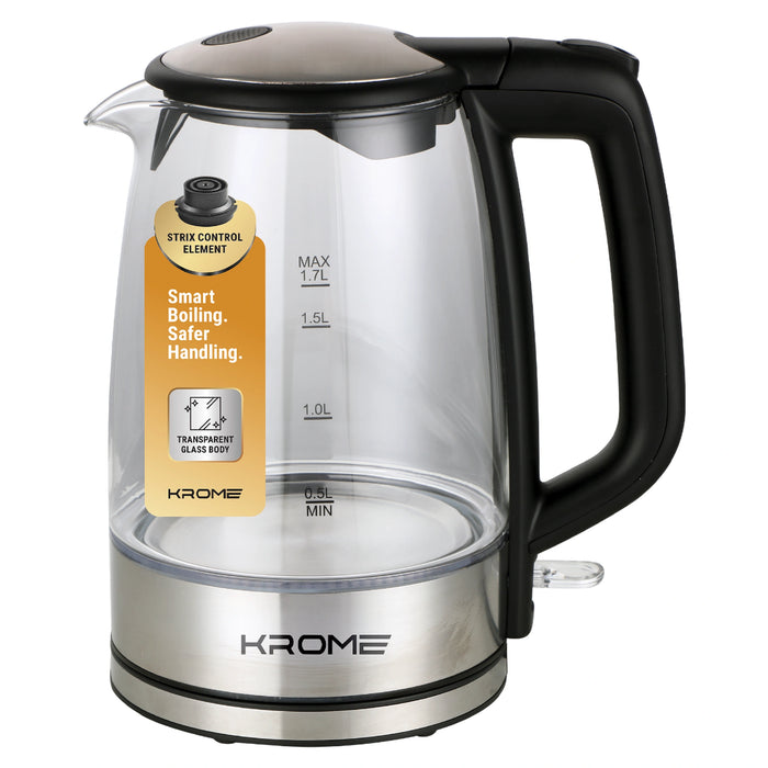 Krome 1.7L Glass Kettle | Strix Control & Auto Shut-Off  | Transparent Design | KR-KTG110PD