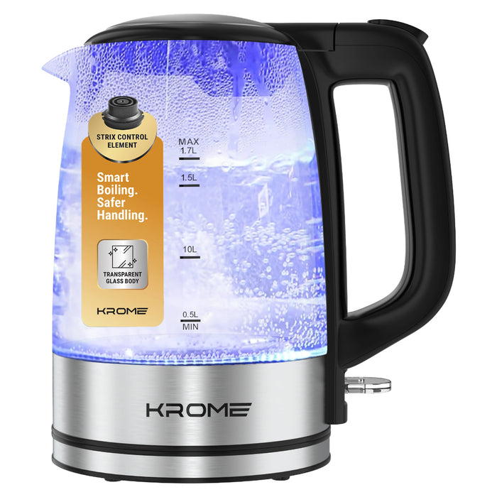 Krome 1.7L Glass Kettle | Strix Control & Auto Shut-Off  | Transparent Design | KR-KTG110PD