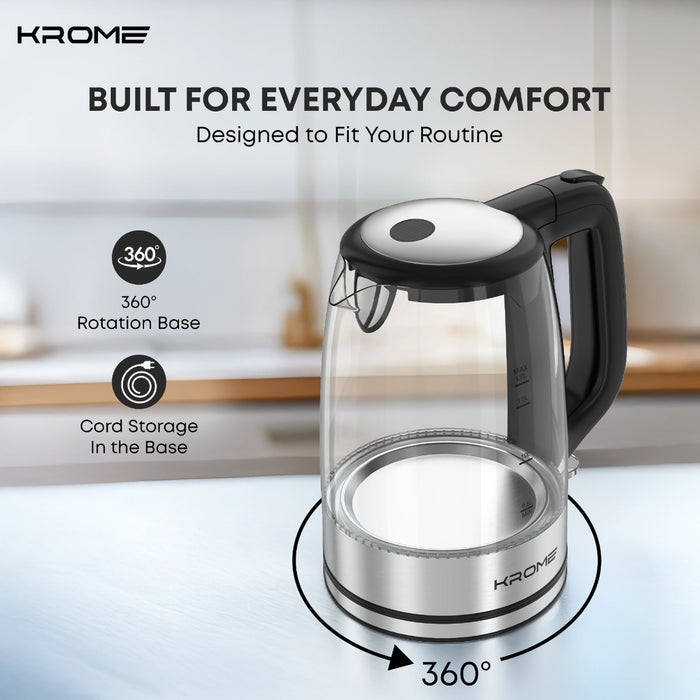 Krome 1.7L Glass Kettle | Strix Control & Auto Shut-Off  | Transparent Design | KR-KTG110PD