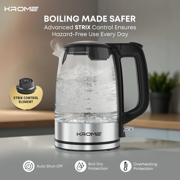 Krome electric kettle with boiling water on a kitchen counter, featuring safety features.