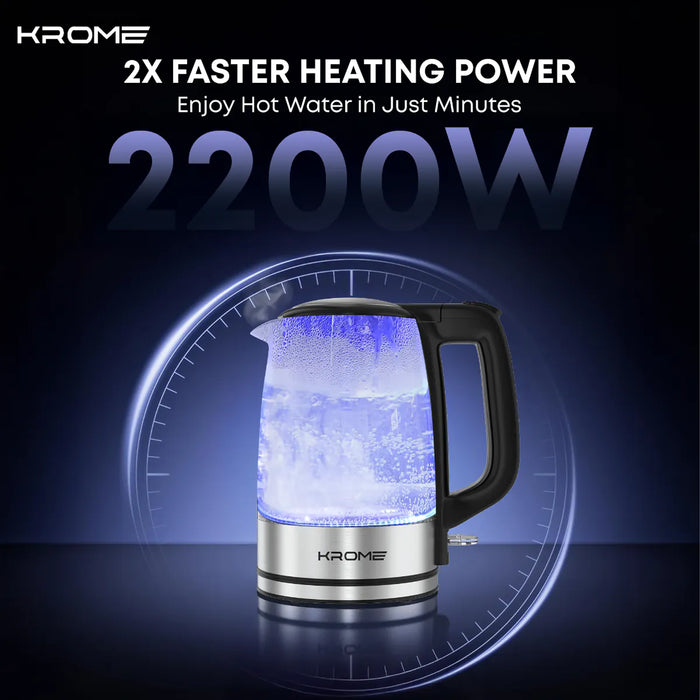 Krome electric kettle with 2200W heating power on a dark background