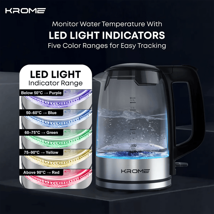 Krome electric kettle with LED light indicators on a dark background