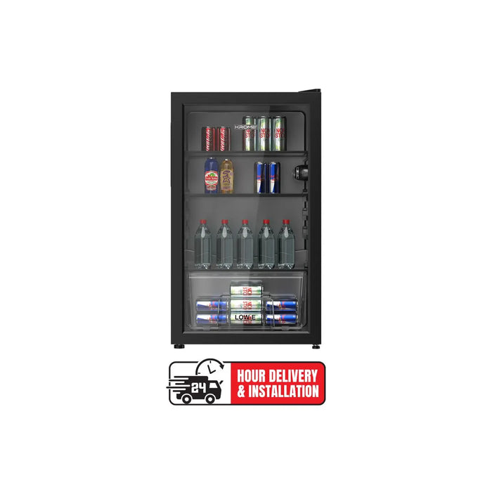 Krome 120L Beverage Cooler | Single Door | Blue LED Light | 2 Glass Shelves | Manual Defrost | Black | KR-BC120DM