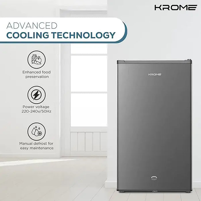 KROME 120L Single Door Refrigerator | Energy Class E/F | Ideal for Small Spaces | Reversible Door | Mini Fridge Suitable for Kitchen, Bedroom, Office & Bar | Inox Silver | KR-RDC120H