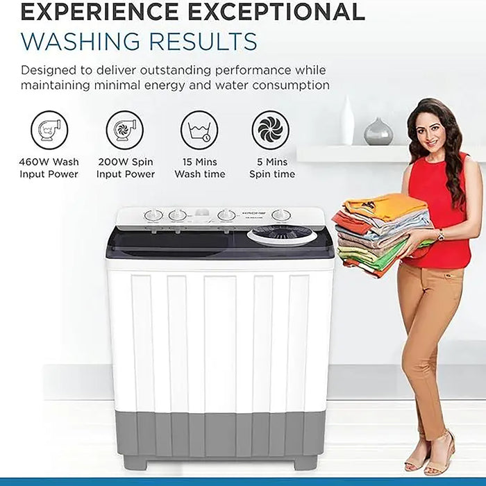KROME 15KG Twin Tub Semi-Automatic Washing Machine | Powerful Wash with Mechanical Wash Timer | Intuitive Control | Durable Aluminium Spin Motor | 460W Wash & 200W Spin Input Power | White | KR-WSA150K EROS