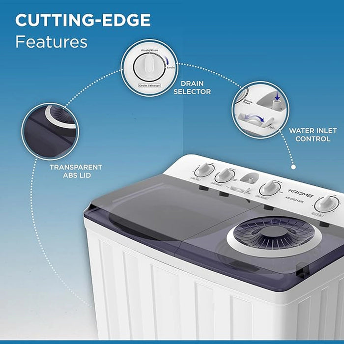 KROME 15KG Twin Tub Semi-Automatic Washing Machine | Powerful Wash with Mechanical Wash Timer | Intuitive Control | Durable Aluminium Spin Motor | 460W Wash & 200W Spin Input Power | White | KR-WSA150K EROS