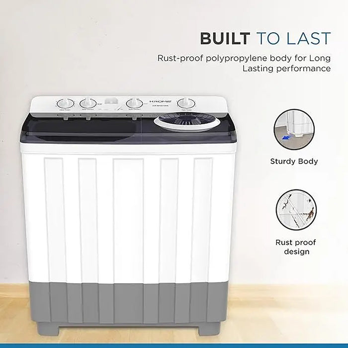 KROME 15KG Twin Tub Semi-Automatic Washing Machine | Powerful Wash with Mechanical Wash Timer | Intuitive Control | Durable Aluminium Spin Motor | 460W Wash & 200W Spin Input Power | White | KR-WSA150K EROS