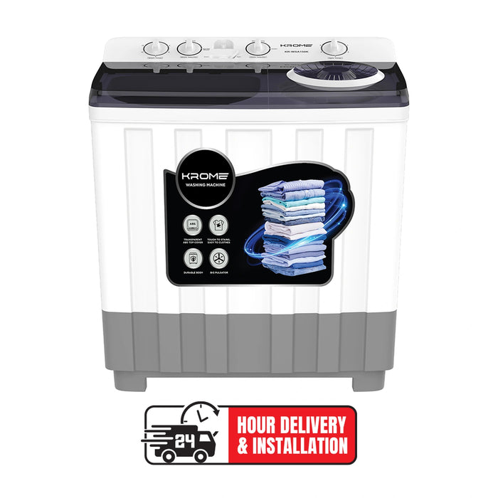 KROME 15KG Twin Tub Semi-Automatic Washing Machine | Powerful Wash with Mechanical Wash Timer | Intuitive Control | Durable Aluminium Spin Motor | 460W Wash & 200W Spin Input Power | White | KR-WSA150K EROS