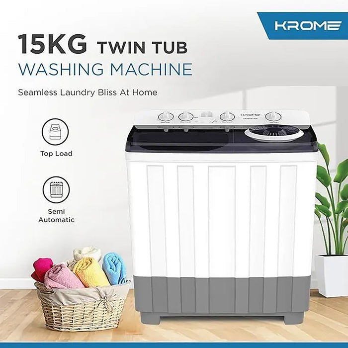 KROME 15KG Twin Tub Semi-Automatic Washing Machine | Powerful Wash with Mechanical Wash Timer | Intuitive Control | Durable Aluminium Spin Motor | 460W Wash & 200W Spin Input Power | White | KR-WSA150K EROS