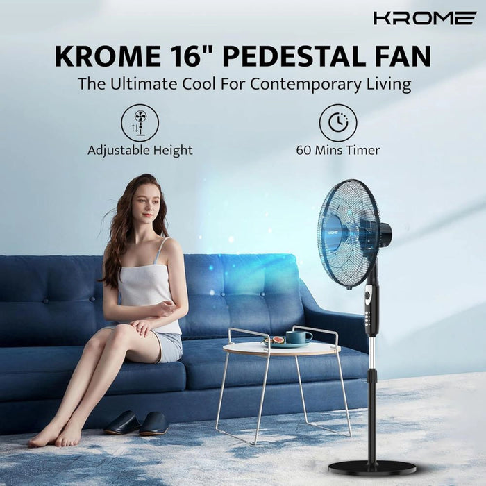 Krome 16" Pedestal Fan | High-Speed Copper Motor | 5-Blade Design for Powerful Airflow | 3 Speed Levels & 60-Min Timer | Adjustable Height & Easy Control Panel | KR-PF 16WT