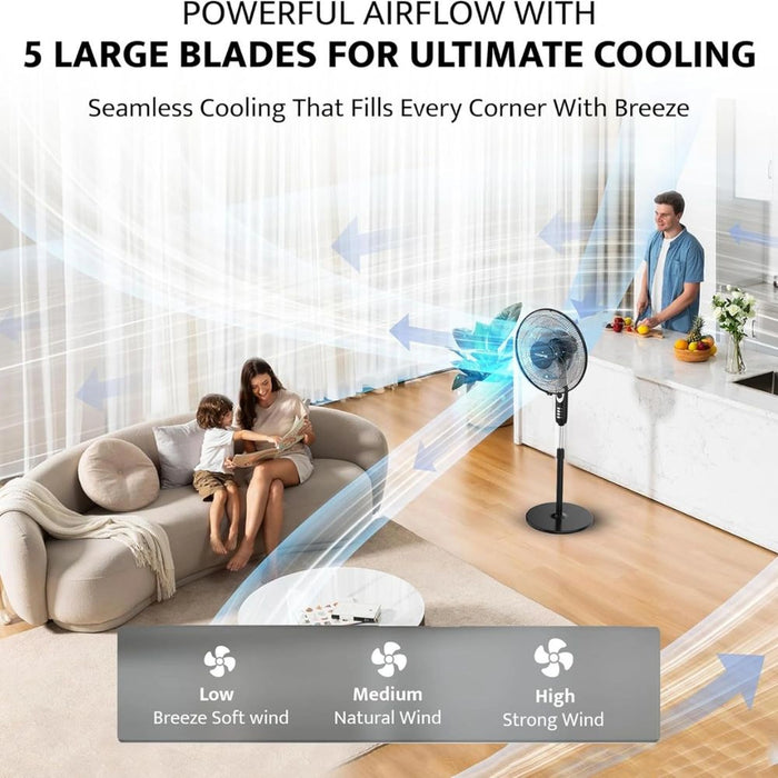 Krome 16" Pedestal Fan | High-Speed Copper Motor | 5-Blade Design for Powerful Airflow | 3 Speed Levels & 60-Min Timer | Adjustable Height & Easy Control Panel | KR-PF 16WT