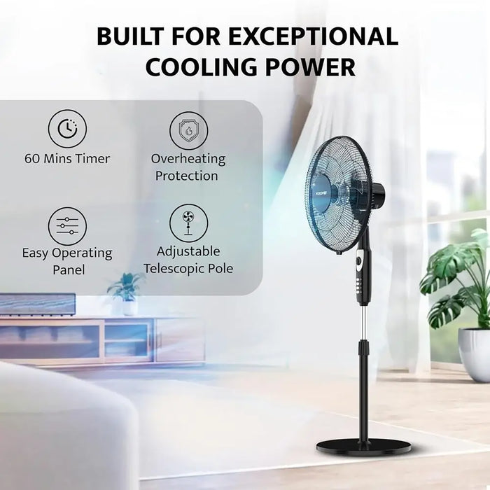 Krome 16" Pedestal Fan | High-Speed Copper Motor | 5-Blade Design for Powerful Airflow | 3 Speed Levels & 60-Min Timer | Adjustable Height & Easy Control Panel | KR-PF 16WT