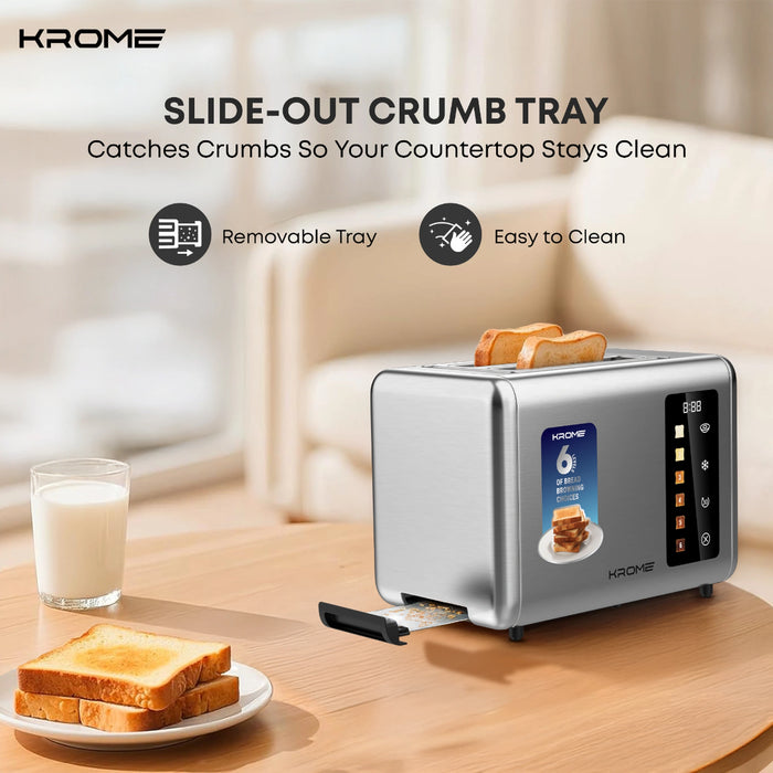 Krome 2-Slice Toaster | 850W | Defrost And Reheat Function | Removable Crumb Tray | Full Functional Touch Panel | Digital Display Countdown | KR-BT20TD