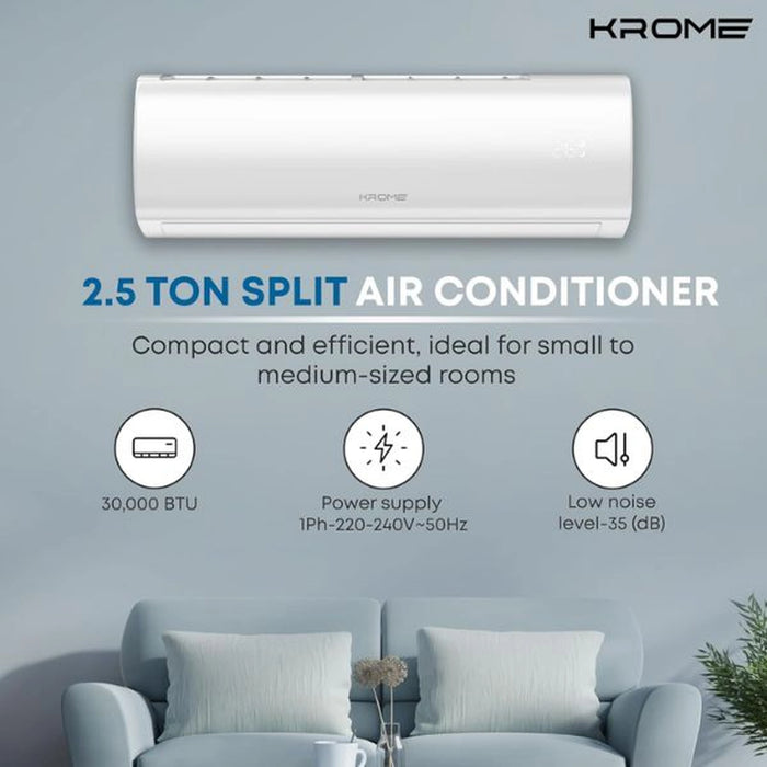KROME 2.5 Ton AC| Split Air Conditioner with Advanced Rotary Compressor Technology| 30000 BTU| Low Noise| Environment Friendly R-410a| Smooth Operations| 5 Year Compressor Warranty White |KR-AR30TT3