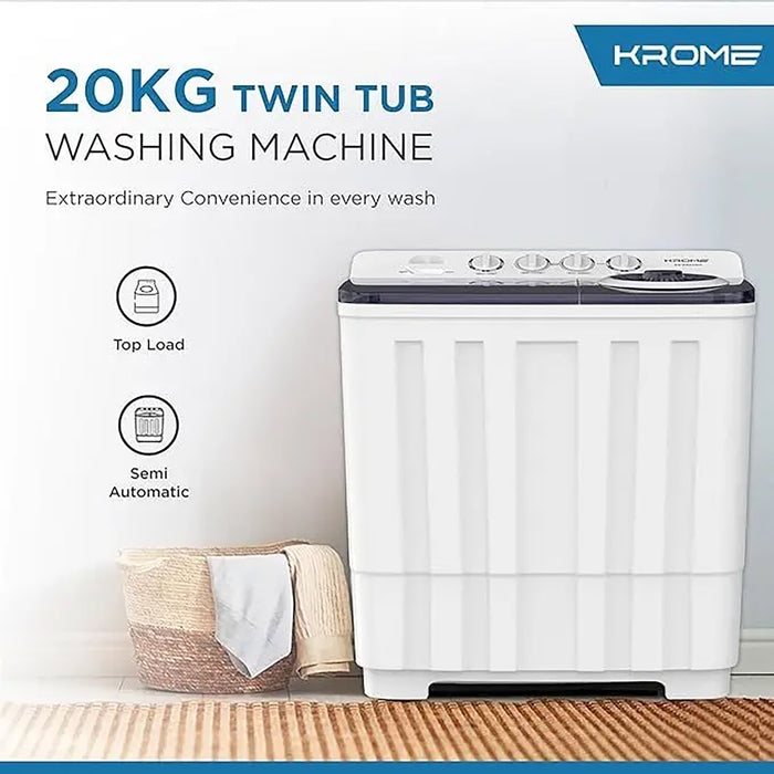 KROME 20KG Twin Tub Semi-Automatic Washing Machine | Powerful Wash with Mechanical Wash Timer | Intuitive Control | Durable Aluminium Spin Motor | 480W Wash & 200W Spin Input Power | White | KR-WSA200K
