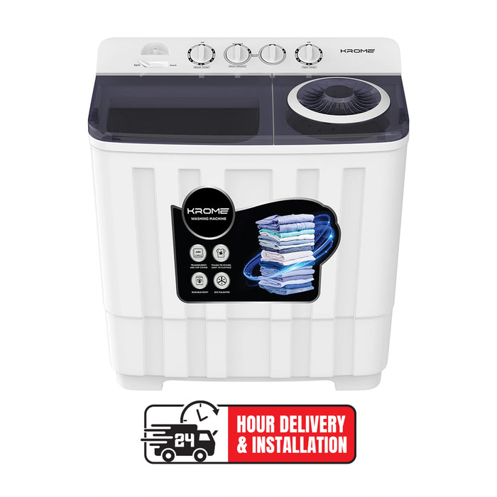 KROME 20KG Twin Tub Semi-Automatic Washing Machine | Powerful Wash with Mechanical Wash Timer | Intuitive Control | Durable Aluminium Spin Motor | 480W Wash & 200W Spin Input Power | White | KR-WSA200K