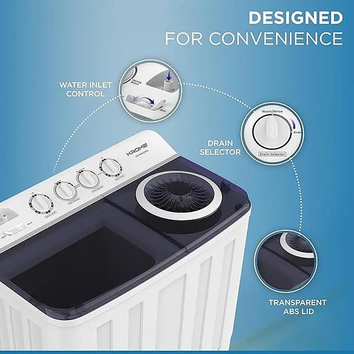 KROME 20KG Twin Tub Semi-Automatic Washing Machine | Powerful Wash with Mechanical Wash Timer | Intuitive Control | Durable Aluminium Spin Motor | 480W Wash & 200W Spin Input Power | White | KR-WSA200K