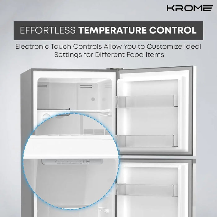 Krome refrigerator with open door showing temperature control system on a light gray background
