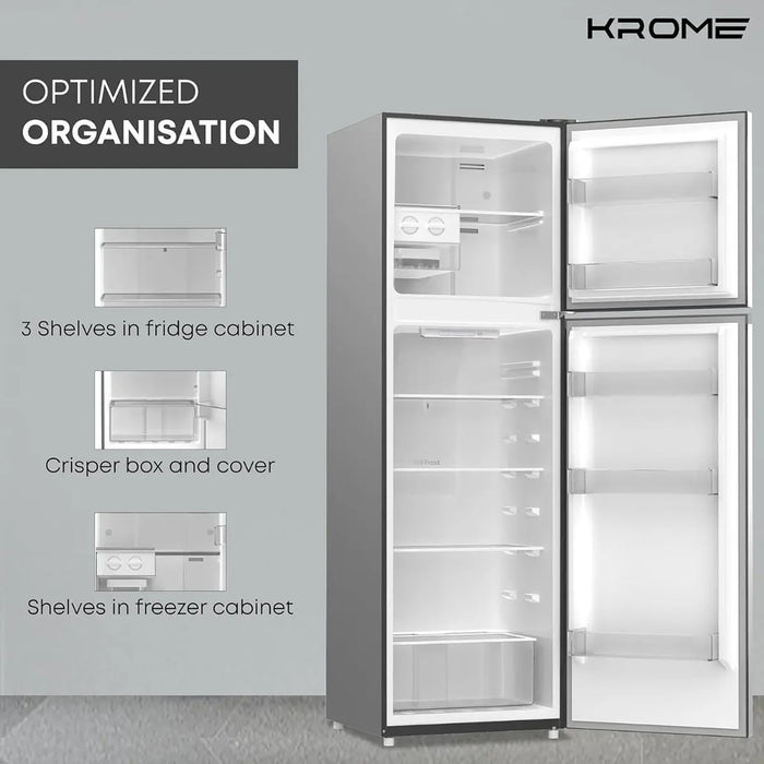 Kromer refrigerator with open door displaying interior shelves against a white background