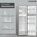 Kromer refrigerator with open door displaying interior shelves against a white background
