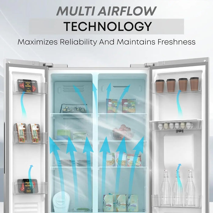 KROME  600L Gross Side by Side Refrigerator | Water Dispenser | Multi Air Flow | Door Alarm | Recessed Handle | No Frost | Electronic Touch Temperature Control | Inox | 10 Year Compressor Warranty | KR-SBS600WM