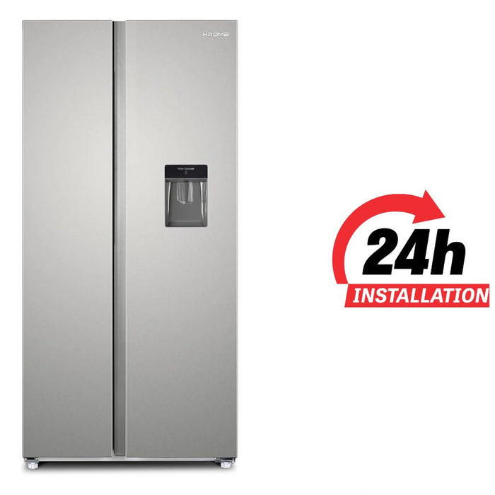 KROME  600L Gross Side by Side Refrigerator | Water Dispenser | Multi Air Flow | Door Alarm | Recessed Handle | No Frost | Electronic Touch Temperature Control | Inox | 10 Year Compressor Warranty | KR-SBS600WM